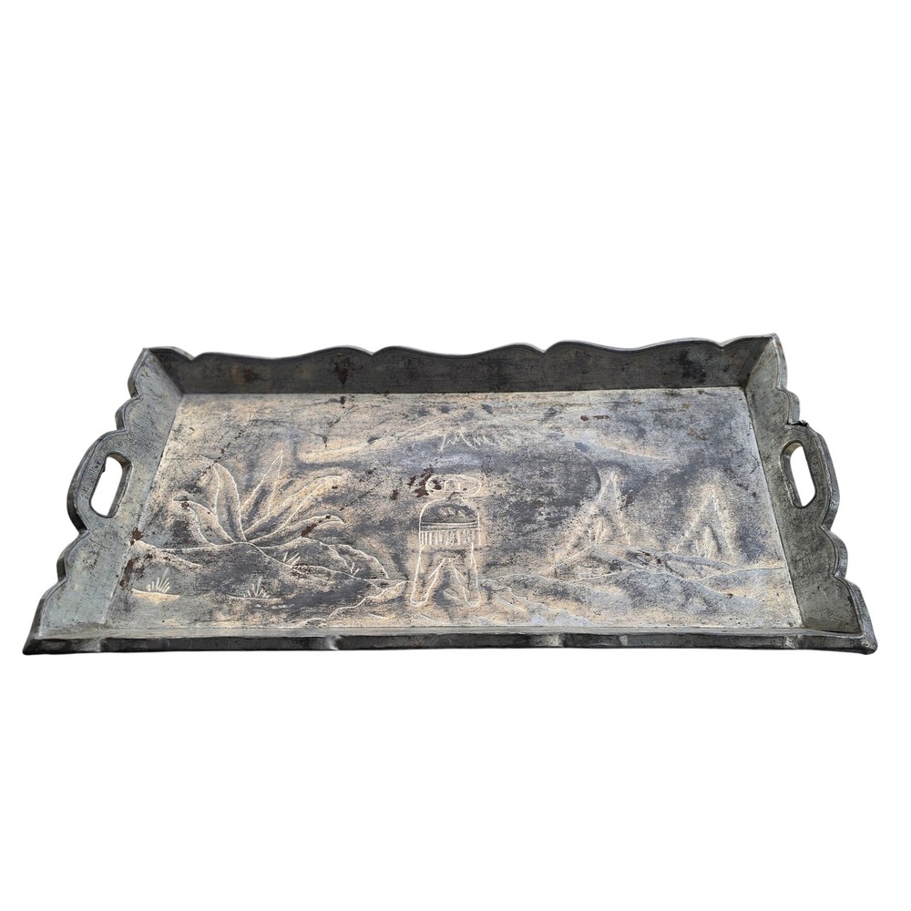 50S VTG Hand Hammered Cast Aluminum Mexican Siesta Scalloped Serving Tray 22.5in